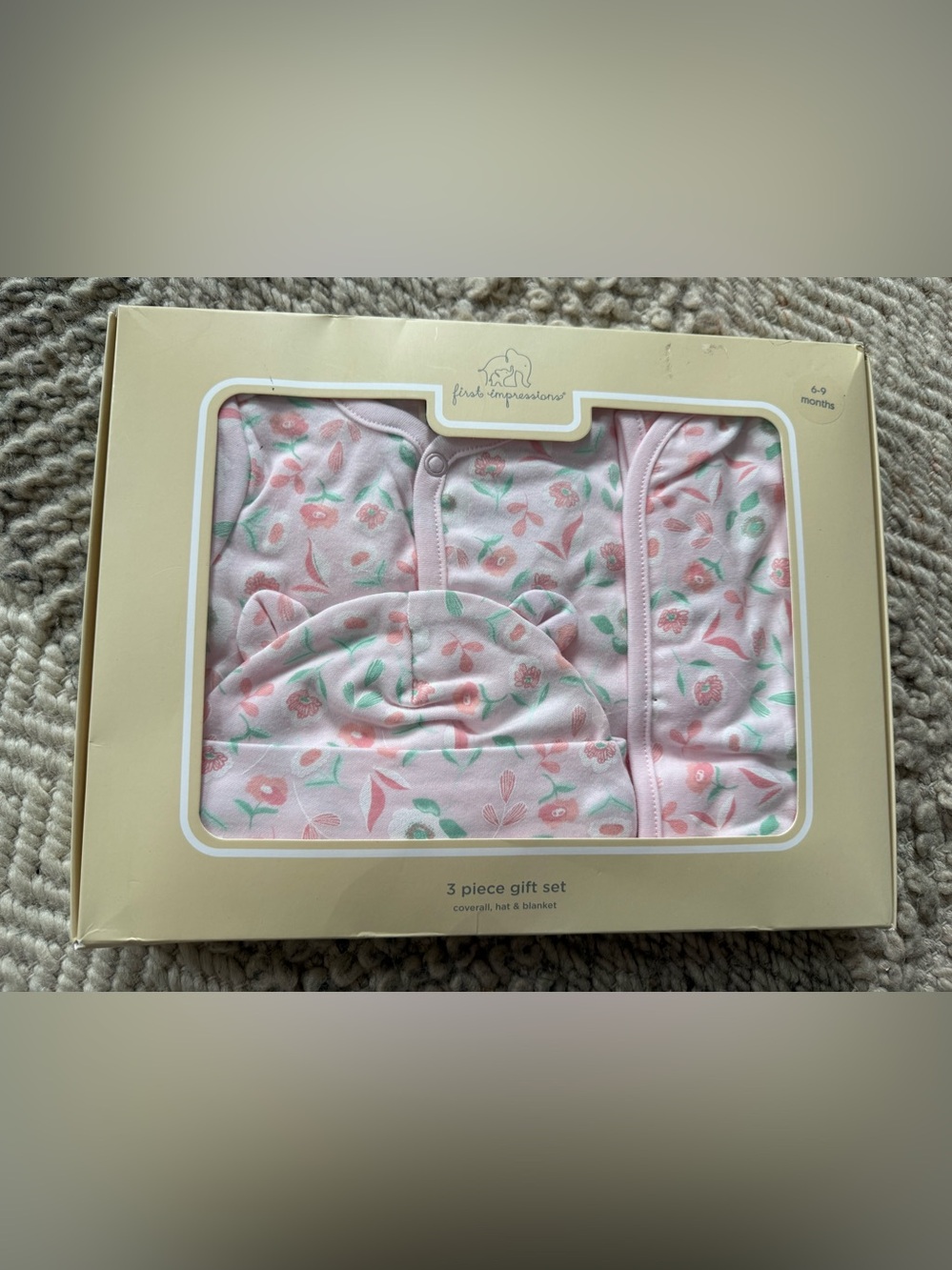 First Impressions Pink Floral 3-Piece Baby gift Set blanket sleeper hat 6-9 mo